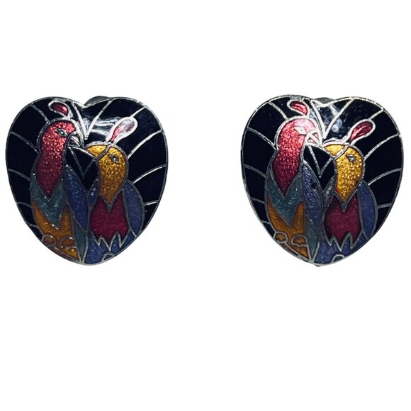 Vintage Silver Tone & Enamel Heart Shaped Peacock Clip On Earrings (5869) - Picture 1 of 5